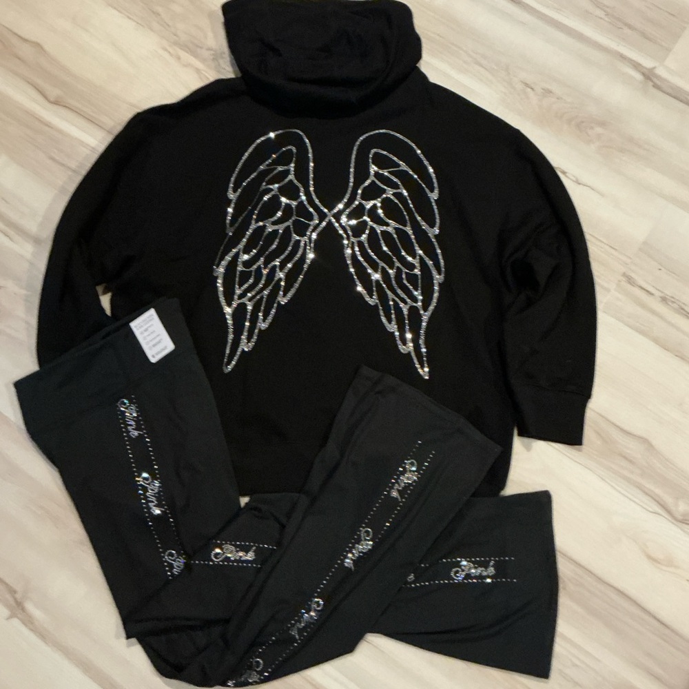 NEW VICTORIAS SECRET BLING OVERSIZED PULLOVER HOODIE BLING ANGEL WINGS S/M